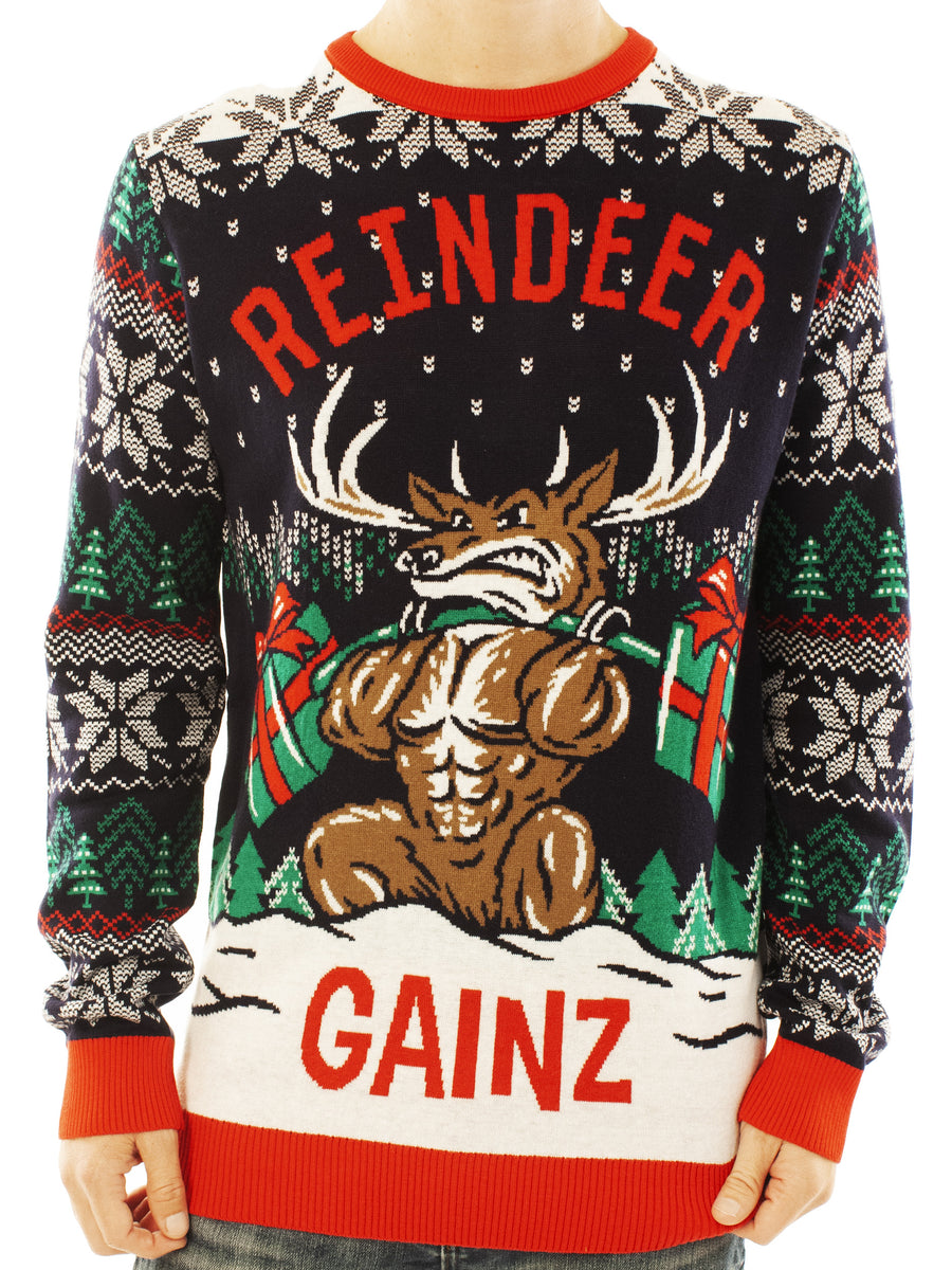 Ugly Christmas Party Sweater Unisex Reindeer Gainz Long Sleeve